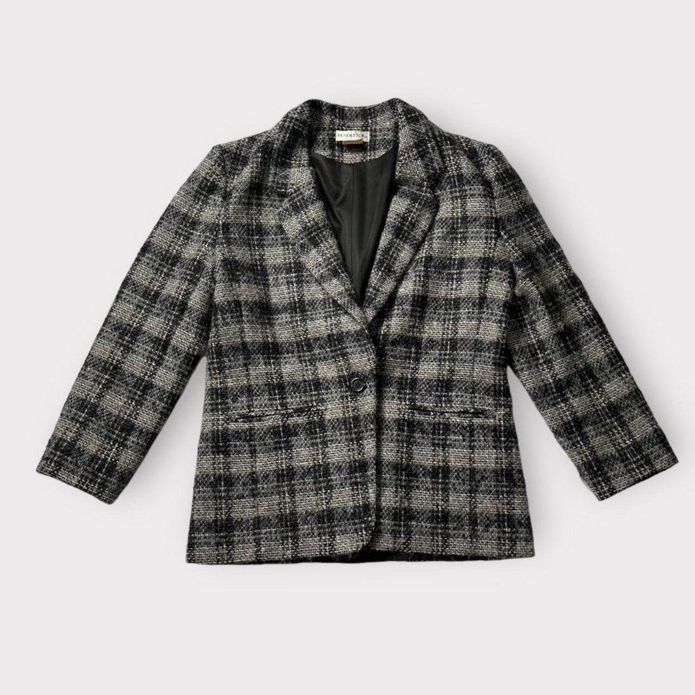 Pendleton preppy dark academia black/grey plaid tweed 100% wool oversized blazer